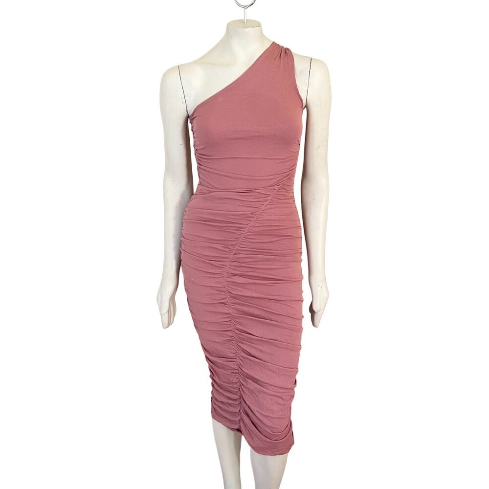 NWT ZARA Asymmetric One Shoulder Ruched Midi Dress in Mauve Pink  SZ S